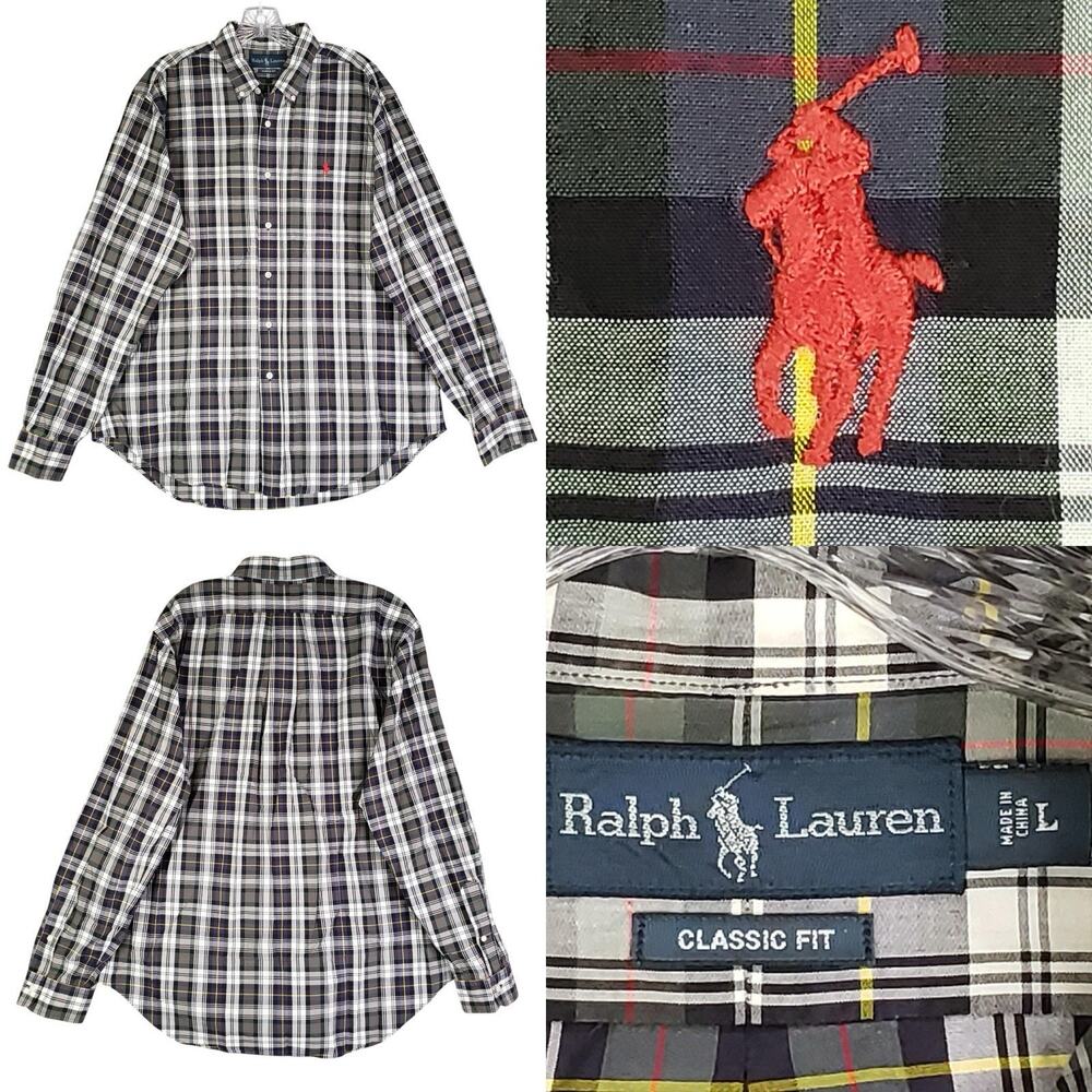 Polo Ralph Lauren Shirt Oxford Button Down Size Large L Black Plaid LS